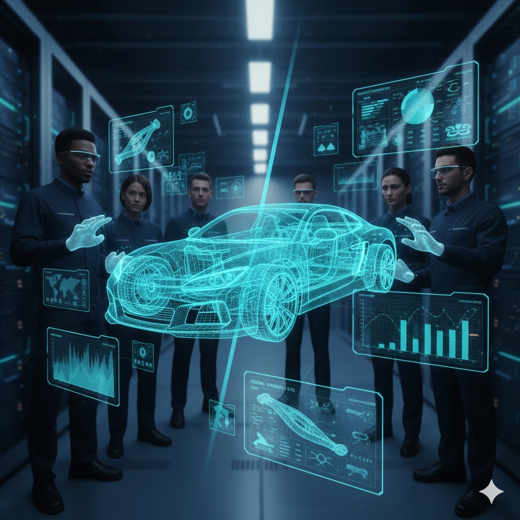 Engineers working on a shared virtual vehicle assembly